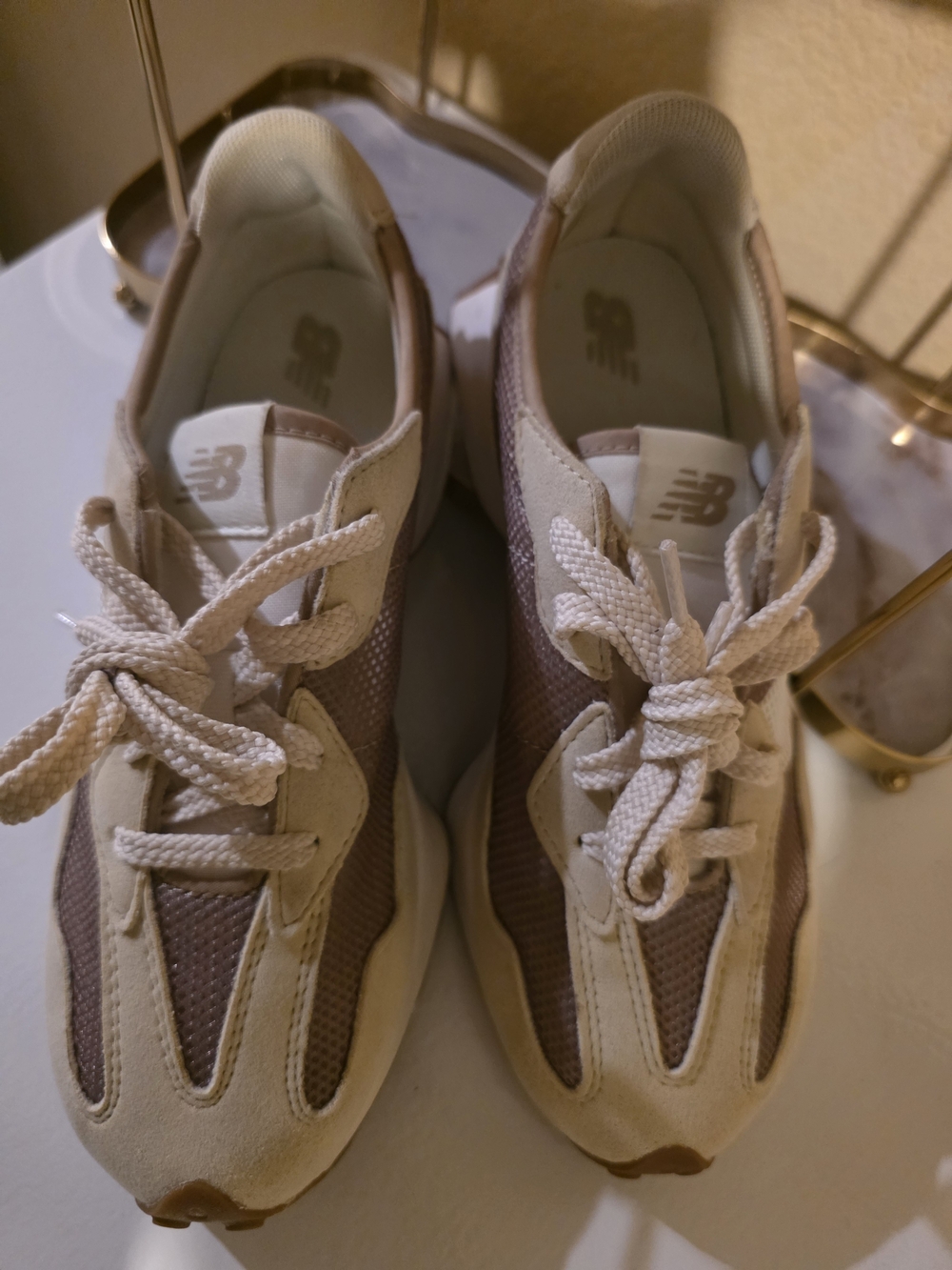 New Balance Beige and Brown Mesh Suede Sneakers - Picture 2 of 5